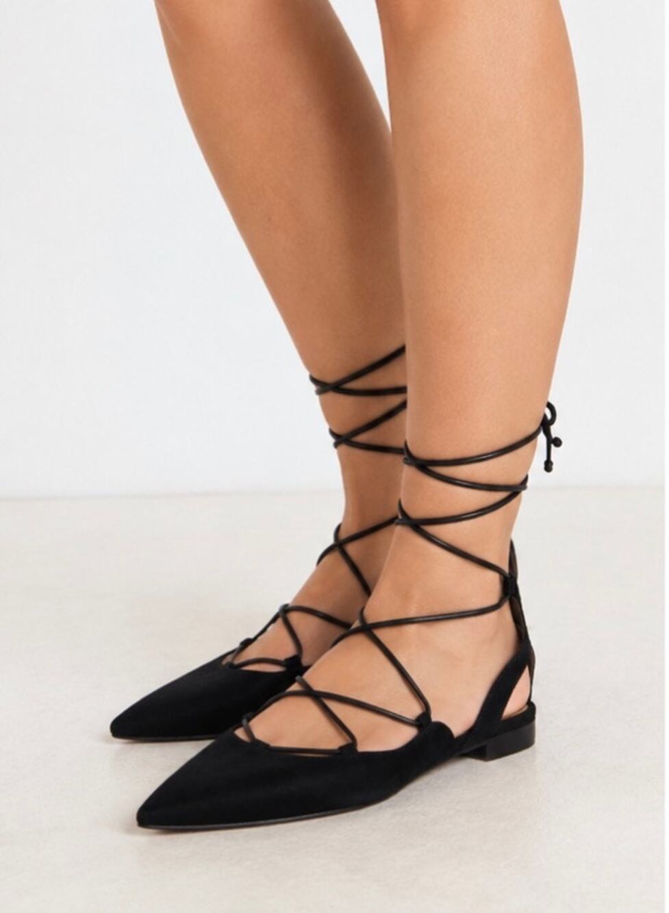 Saint Laurent Black Suede Lace Up Gladiator Pointed Toe Ballet Flats EU 37.5 YSL